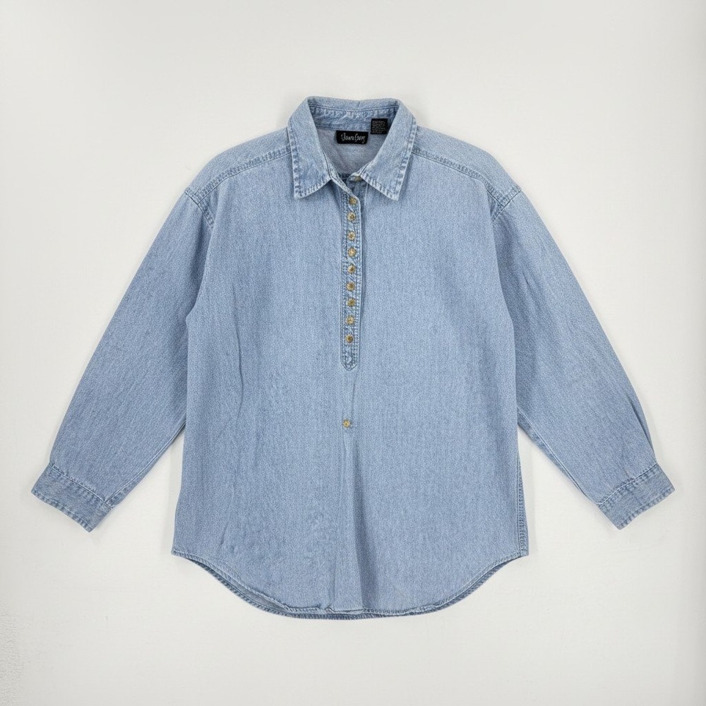 Vintage Lemon Grass Denim Button Front Chambray Shirt Light Wash Cotton Size M